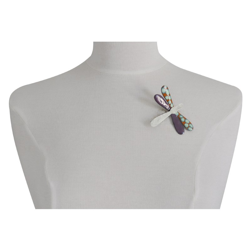 Broche Libellule Emaillée Orange et Violet à Pois Vert