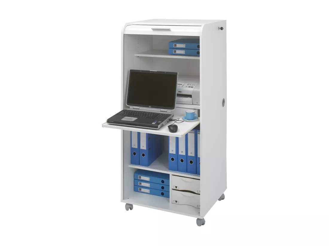 Armoire Informatique Blanche à Roulettes 2 Tiroirs L 65.2 H 139.9 P 53.1 cm - Coloris: Blanc