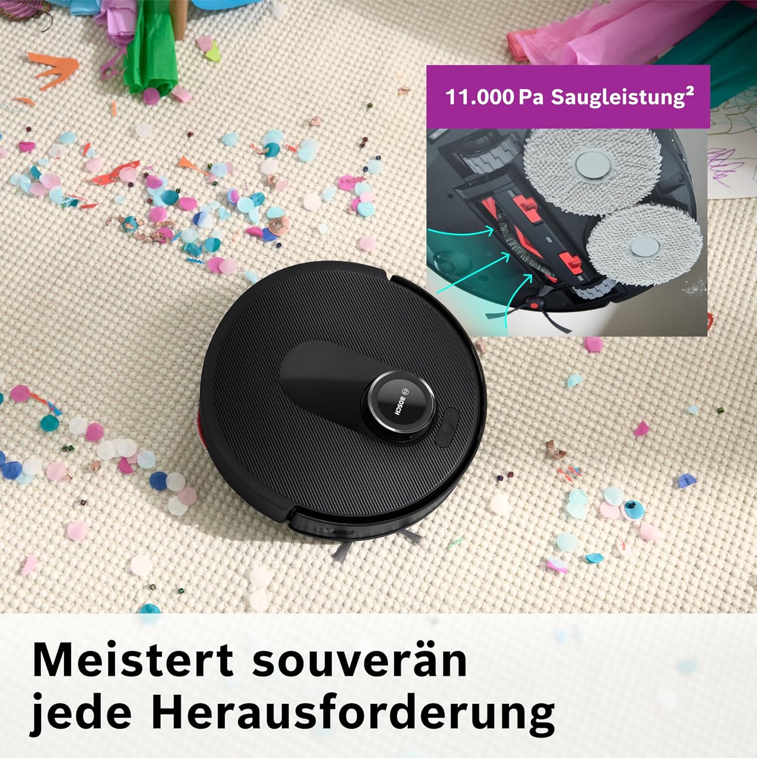 Bosch Spotless Max BCRDW3B Saugroboter mit Wischfunktion, 11.000 Pa Saugkaft, rotierende Wischpads, Nass-Trocken-Servicestation, Selbstreinigung, Smart Vision Navigation, Steuerung per App, schwarz