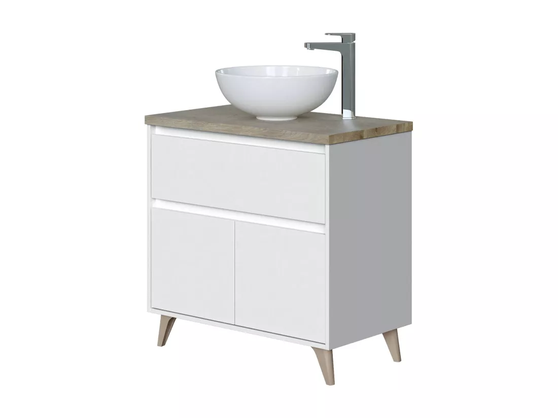 Meuble sous-vasque Dalibon, Meuble de salle de bain avec 2 portes et 1 tiroir, Meuble de sol, lavabo non inclus, 78,5x46h80 cm, Blanc brillant et Orme