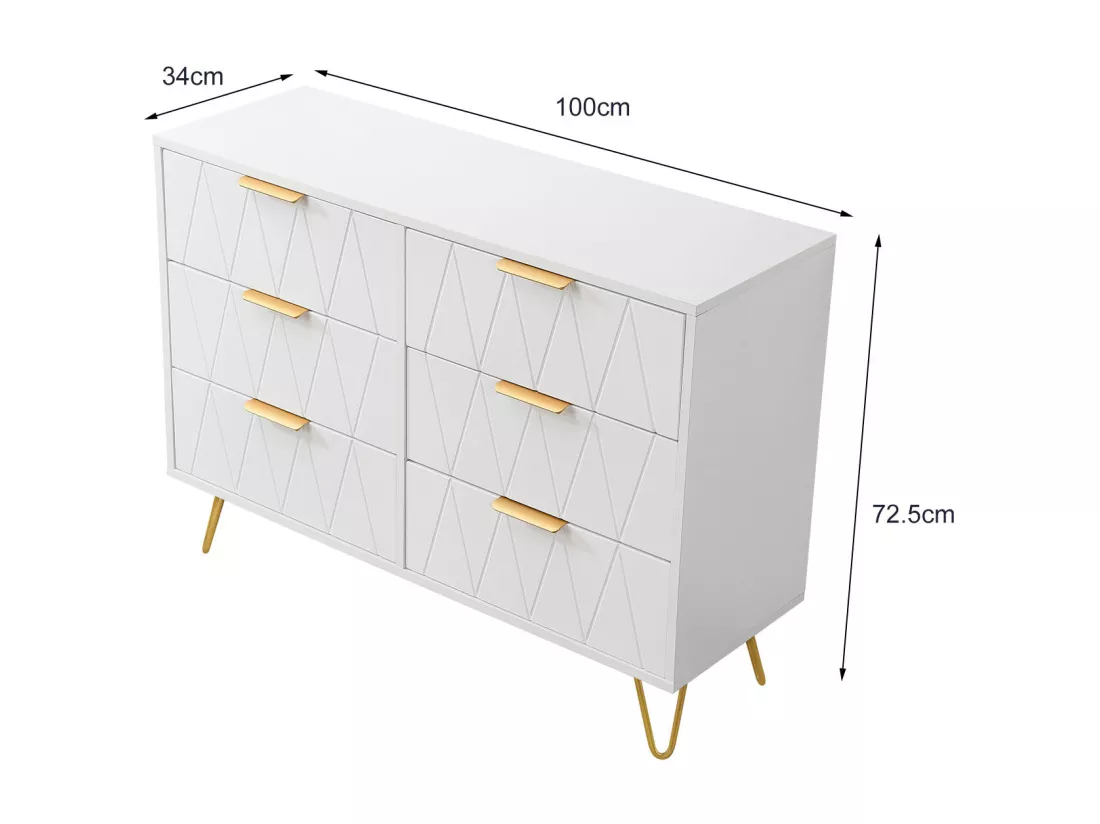 Buffet bas avec 6 Tiroirs - Commode - Bois MDF et métal doré - 100 x 34 x 73cm - Blanc