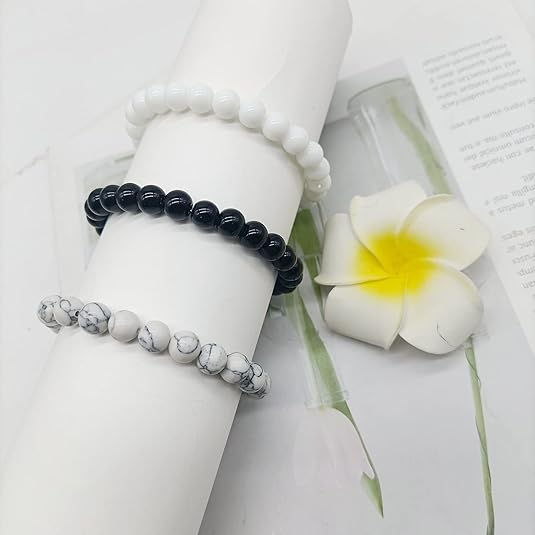 (3er Set) 170-210mm Perlen Armband Modeschmuck Armkette Naturstein Optik - Weiss / Schwarz