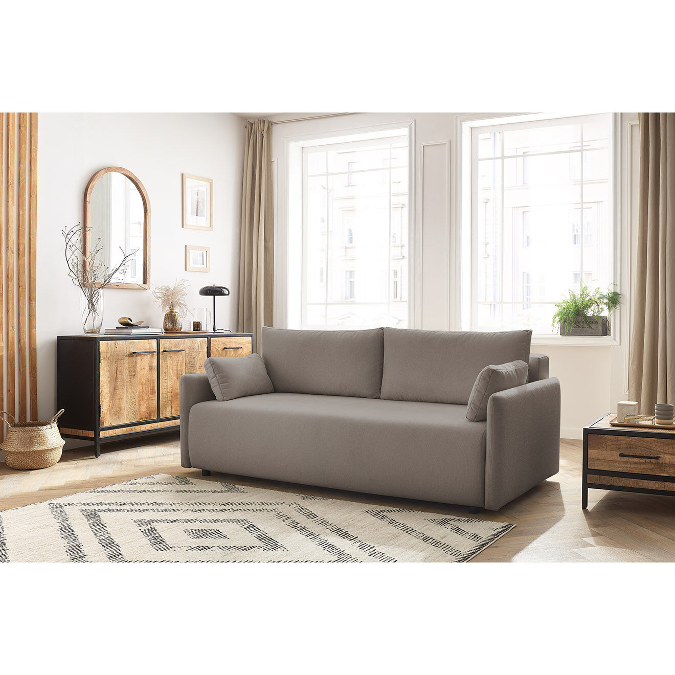 Bobochic Canapé droit convertible coffre marcel tissu lisse taupe - 211x100x86 cm