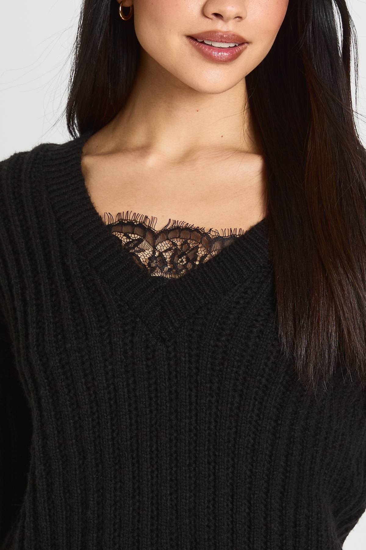 boohoo Synthétiquell En Maille Côtelée Col V Avec Insertion Dentelle