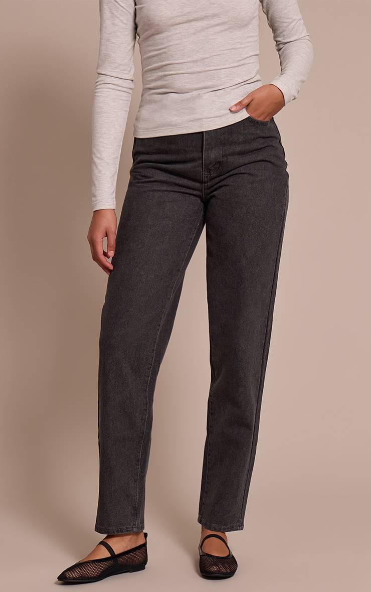 Washed Grey Jean Mom Taille Haute Coupe Longue