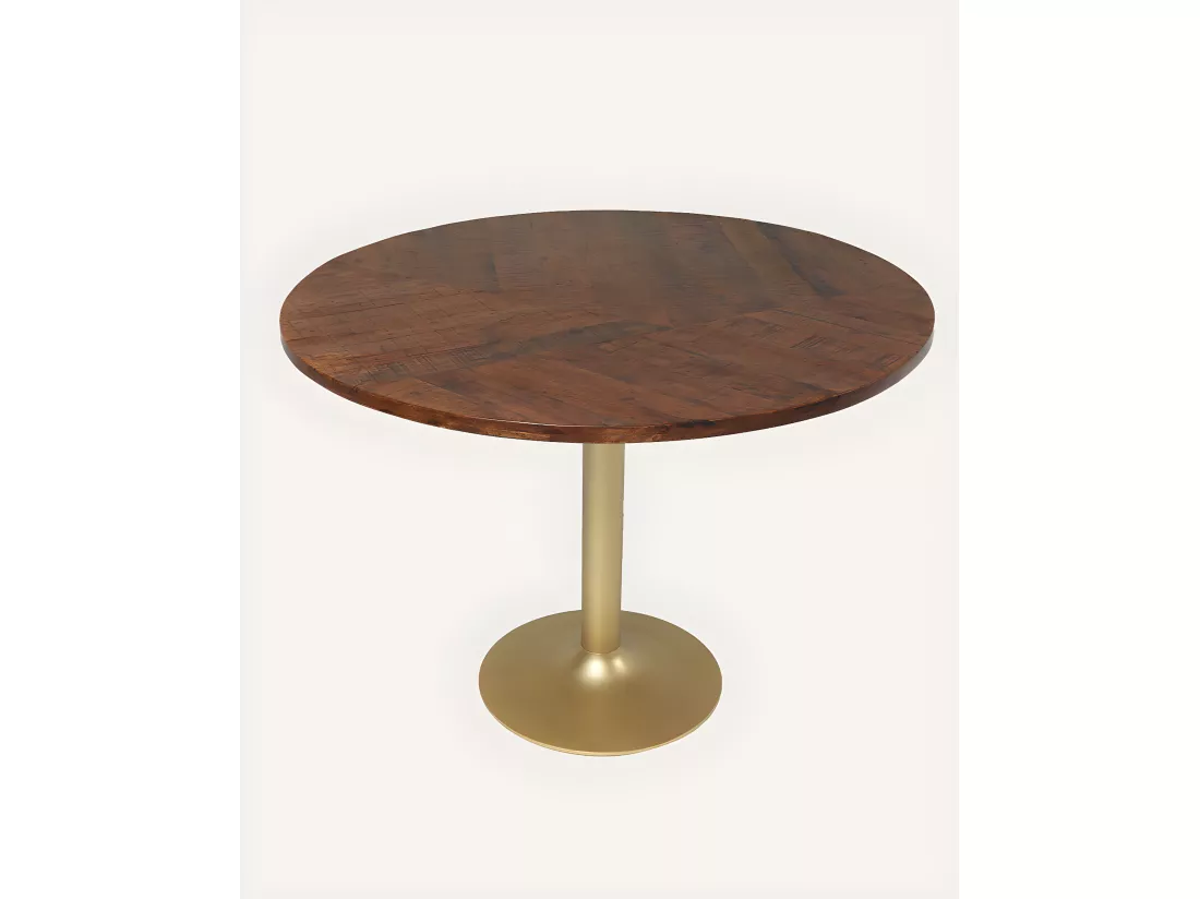 Prague - Table repas ronde en bois massif et pied tulipe doré D110 cm 6 pers