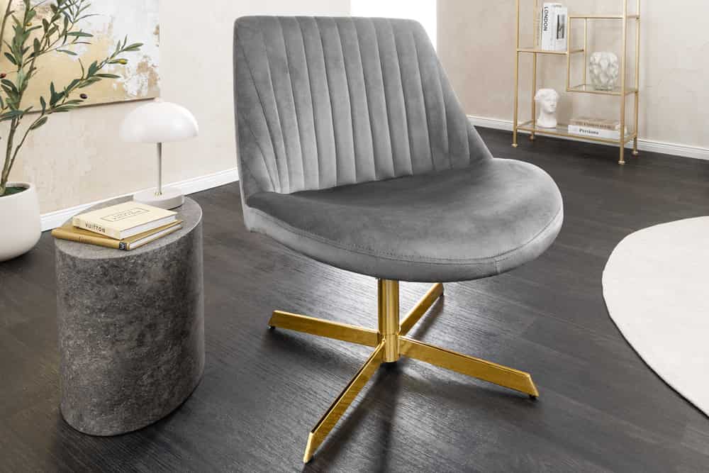 Drehbarer Sessel LOUNGER grau gold Samt Modern Design