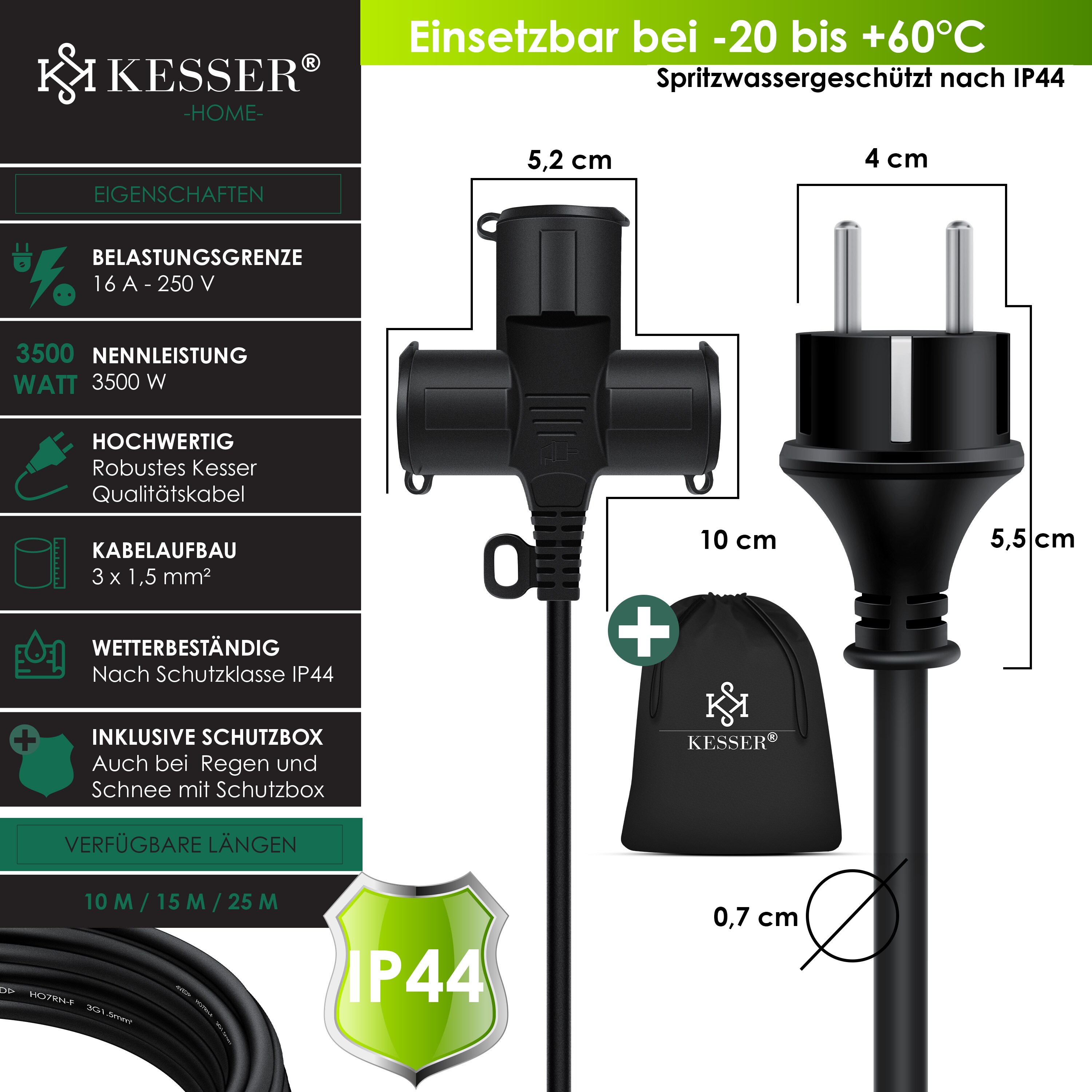 KESSER® Verlängerungskabel mit Schutzkappe Outdoor - für Innenbereich Außenbereich - Verlängerung Stromkabel – 230 V IP44 - Schutzkontakt Baustellenkabel Schutzkontaktstecker