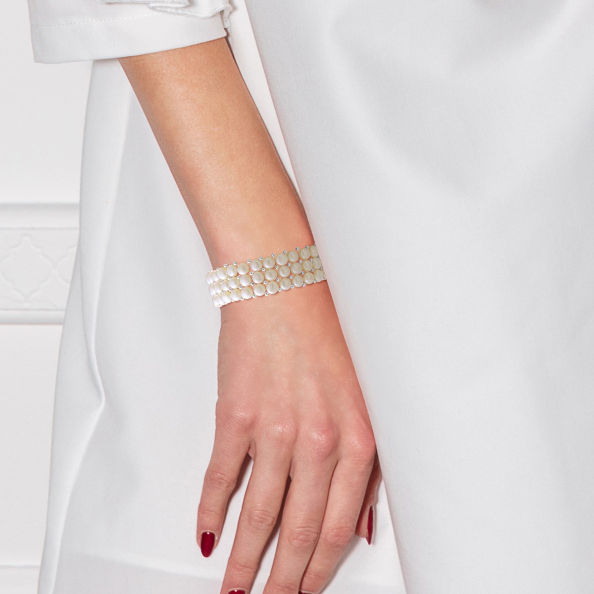 Bracelet Manchette 3 Rangs Perles d'Eau Douce Blanches Argent 925