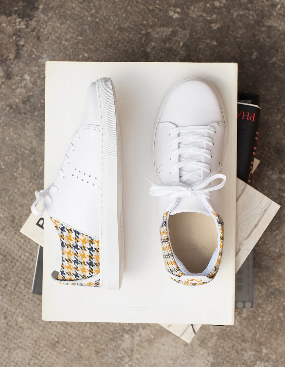 Baskets basses Renée - Cuir Blanc Pied de Poule Jaune