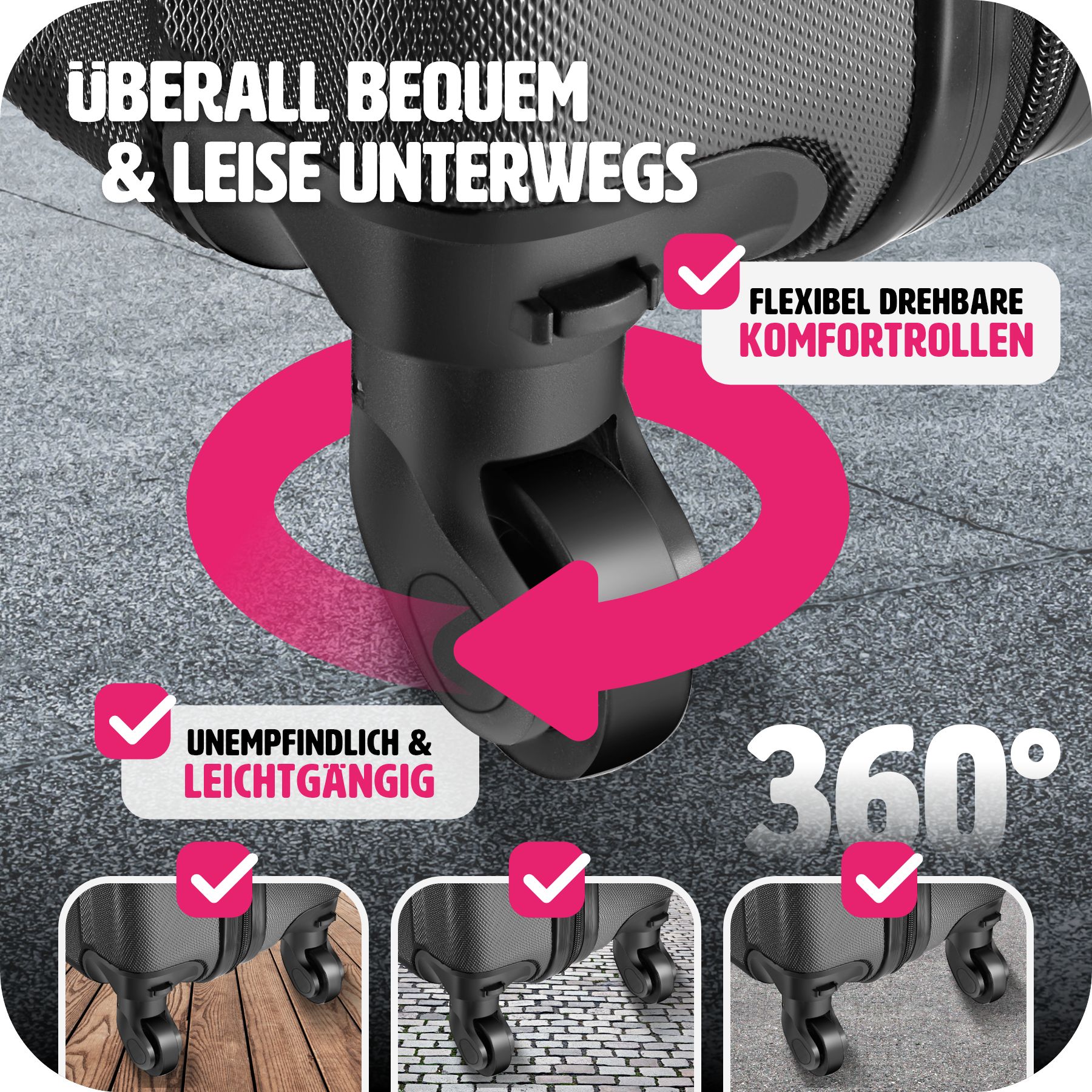 tectake® Hartschalenkoffer-Set, 3-teilig, aus robustem ABS-Kunststoff, 360° drehbare, abnehmbare Rollen, mit Sicherheits-Zahlenschloss