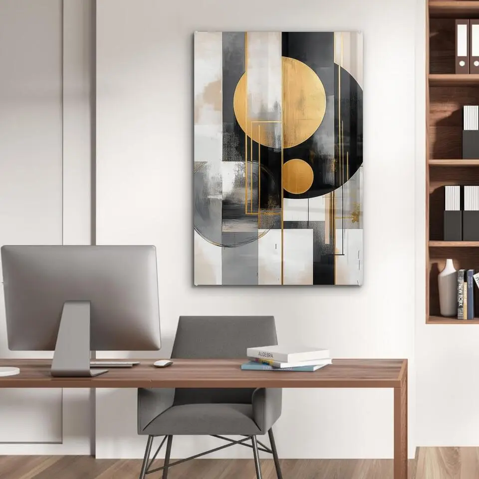 MuchoWow Glasschilderij 60x90cm Abstract Goud Zilver Vormen