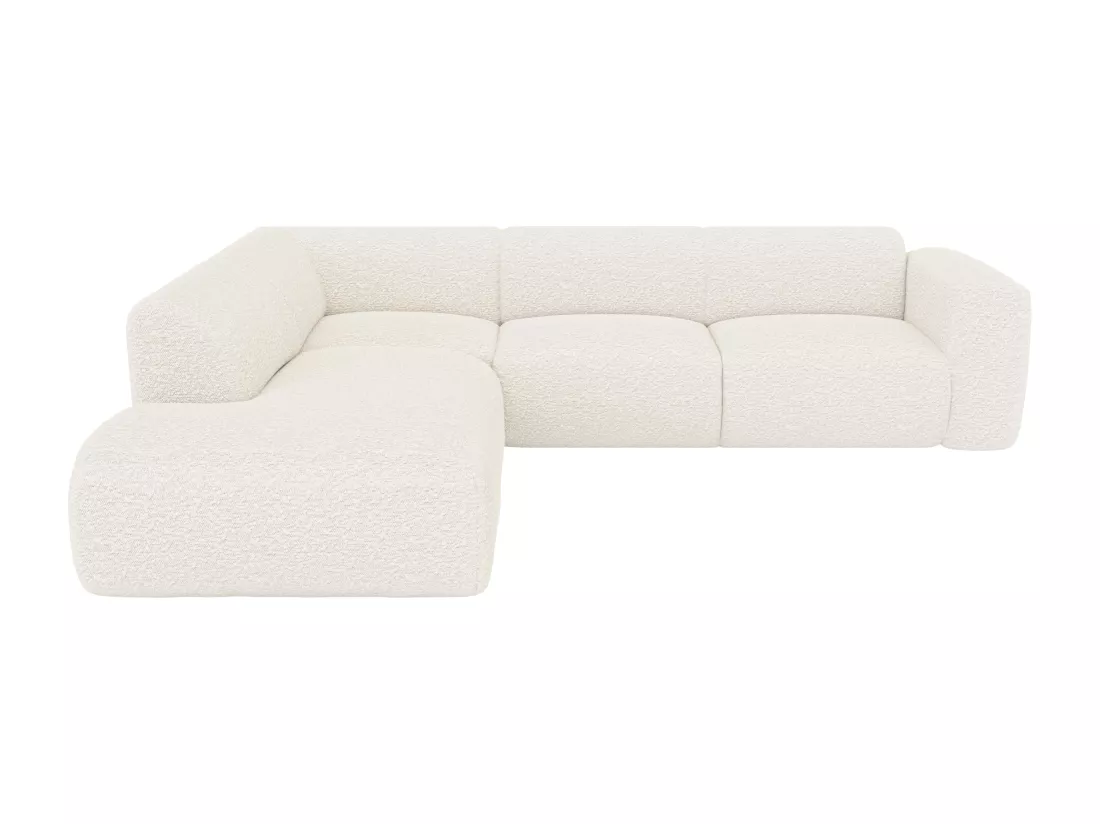 Grand canapé d'angle gauche avec dossier méridienne en tissu bouclette blanc POGNI de Maison Céphy