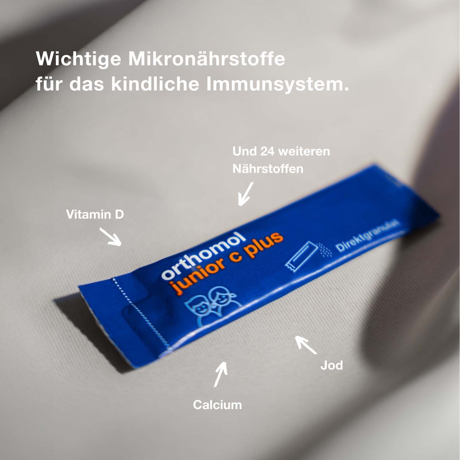 Orthomol junior C plus - mit Vitamin C als Beitrag zu einer normalen Funktion des Immunsystems - Himbeer/Limetten-Geschmack - Direktgranulat