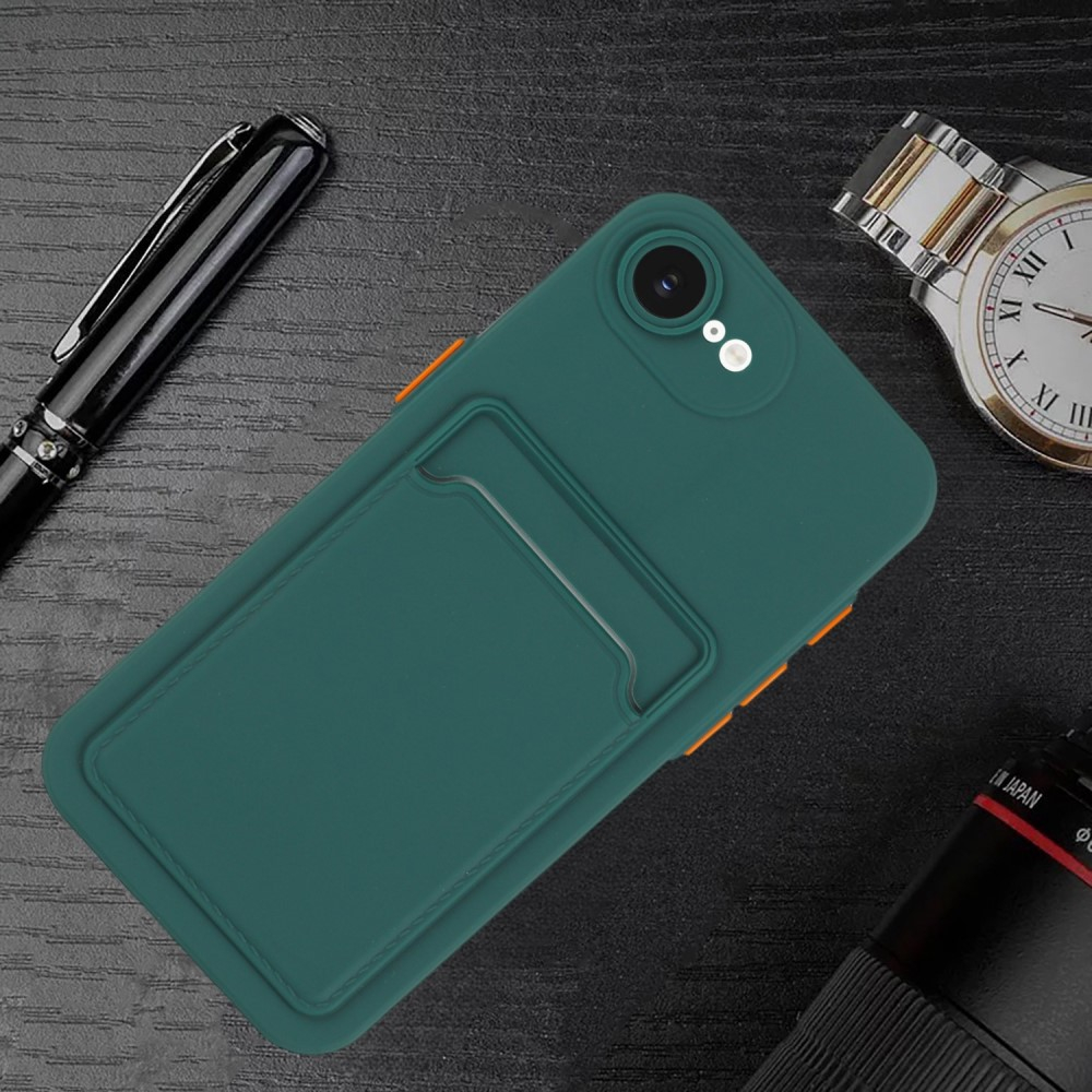 iPhone 16e Gummi Case Hülle mit Kartenfach - Dunkelgrün / Orange