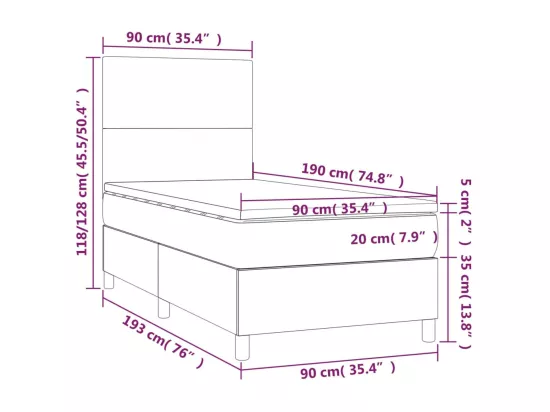 Sommier tapissier matelas et LED Cappuccino 90x190cm Similicuir