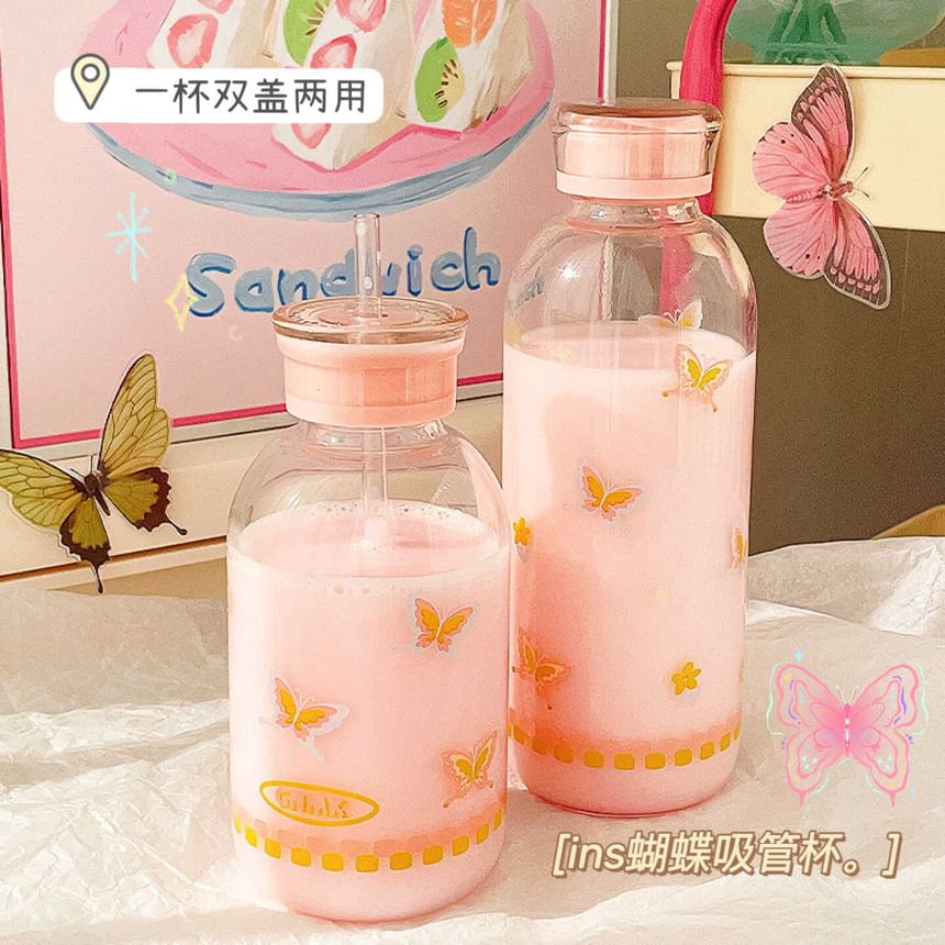 Momoi - Vlindervormige glazen drinkfles met rietje (verschillende designs)