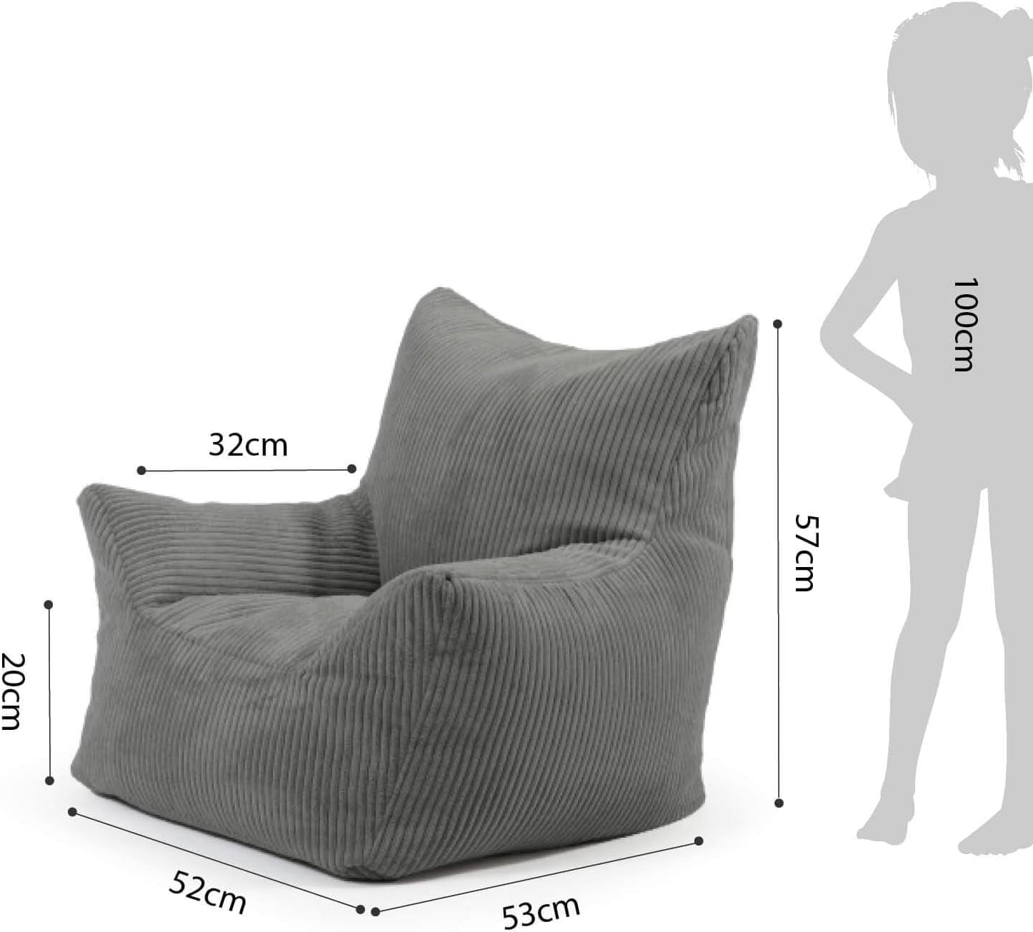 mokebo Kindersessel aus Cord 'Der Pausenheld', Sitzsack Kinder mit Füllung, auch als Lesesessel oder Sitzkissen fürs Kinderzimmer, Kindersitzsack oder Sessel für Kinder aus Cordstoff in Anthrazit