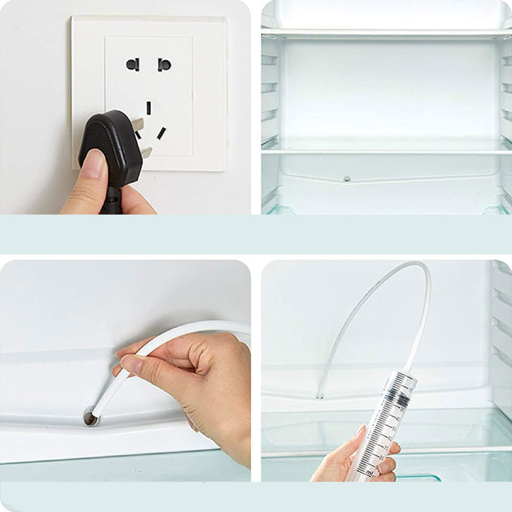 (5-tlg. Set) Kühlschrank Reinigungs Kit Abflussrohr Bürste mit Schlauch / Spritze / Schaber