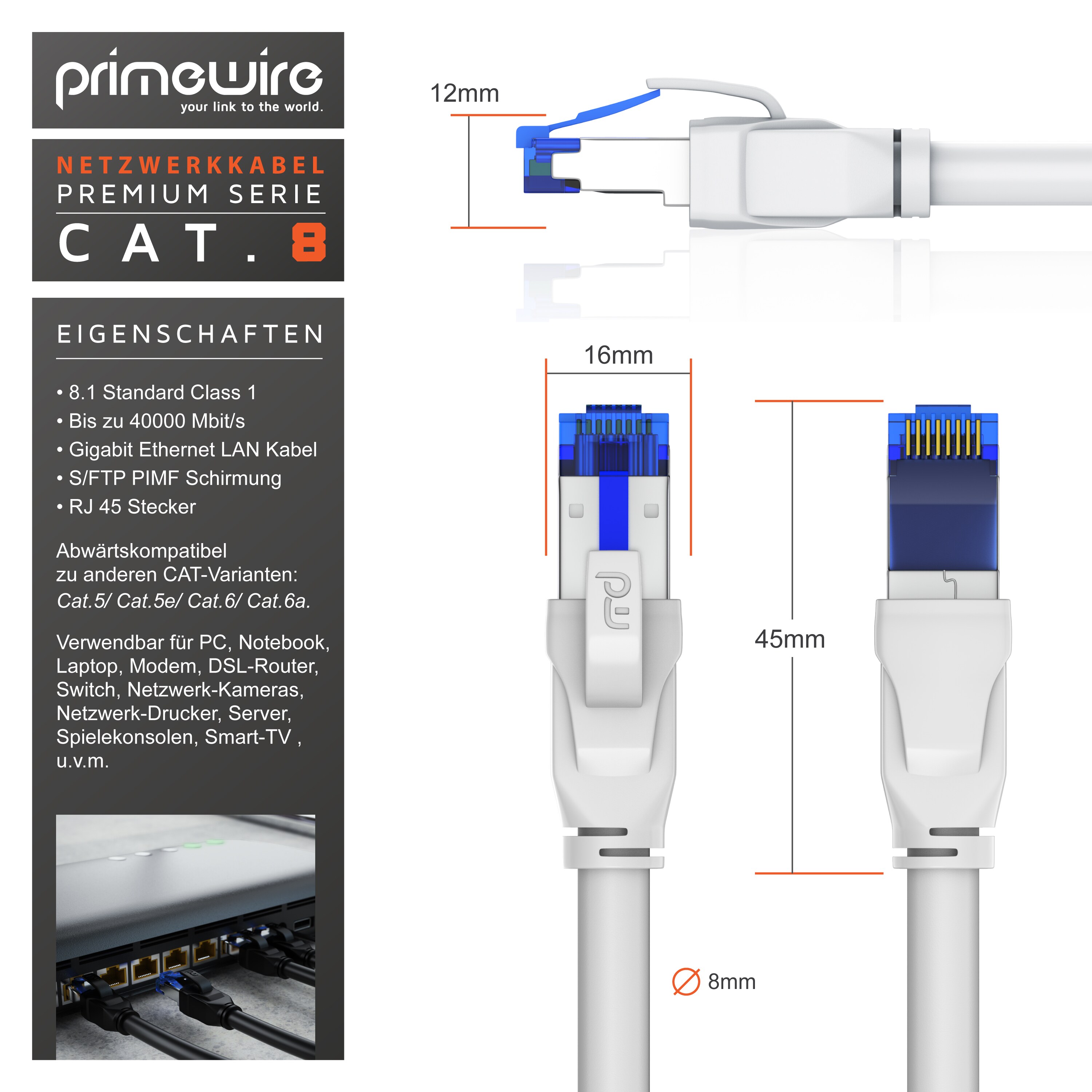 Primewire Patchkabel CAT 8 mit Baumwollummantelung - Gigabit Ethernet LAN Kabel - 40 Gbit/s - S/FTP PIMF Schirmung - Netzwerkkabel - 25m