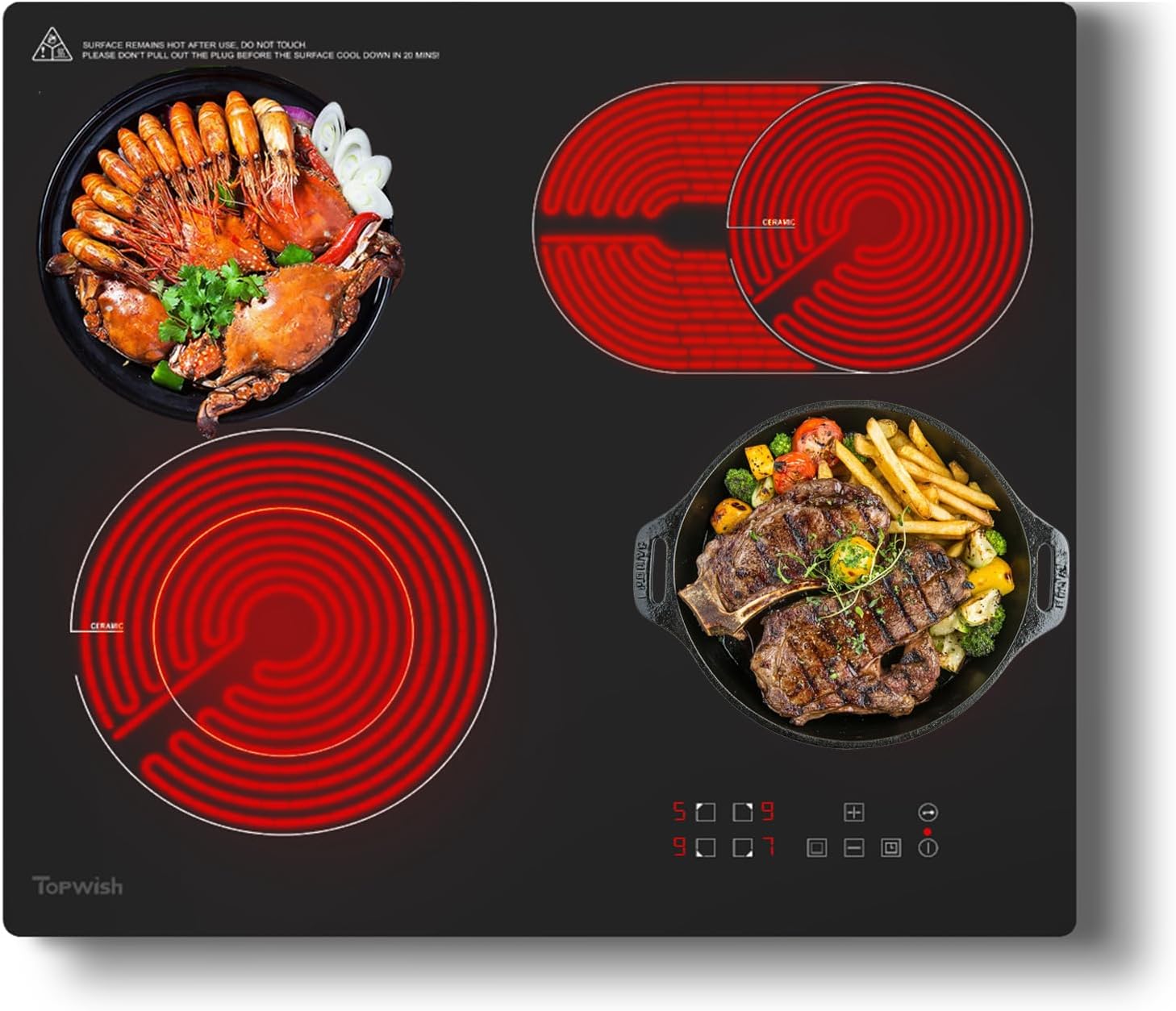 Glaskeramikkochfeld 4 platten,herdplatte 4 kochfelder, kochplatte,Keramikkochfeld 60cm,kochfeld 4 platten,Elektroplatte,Ovale Zone,Elektroherd mit Kindersicherung,Restwärmeanzeige,Timer,6600W