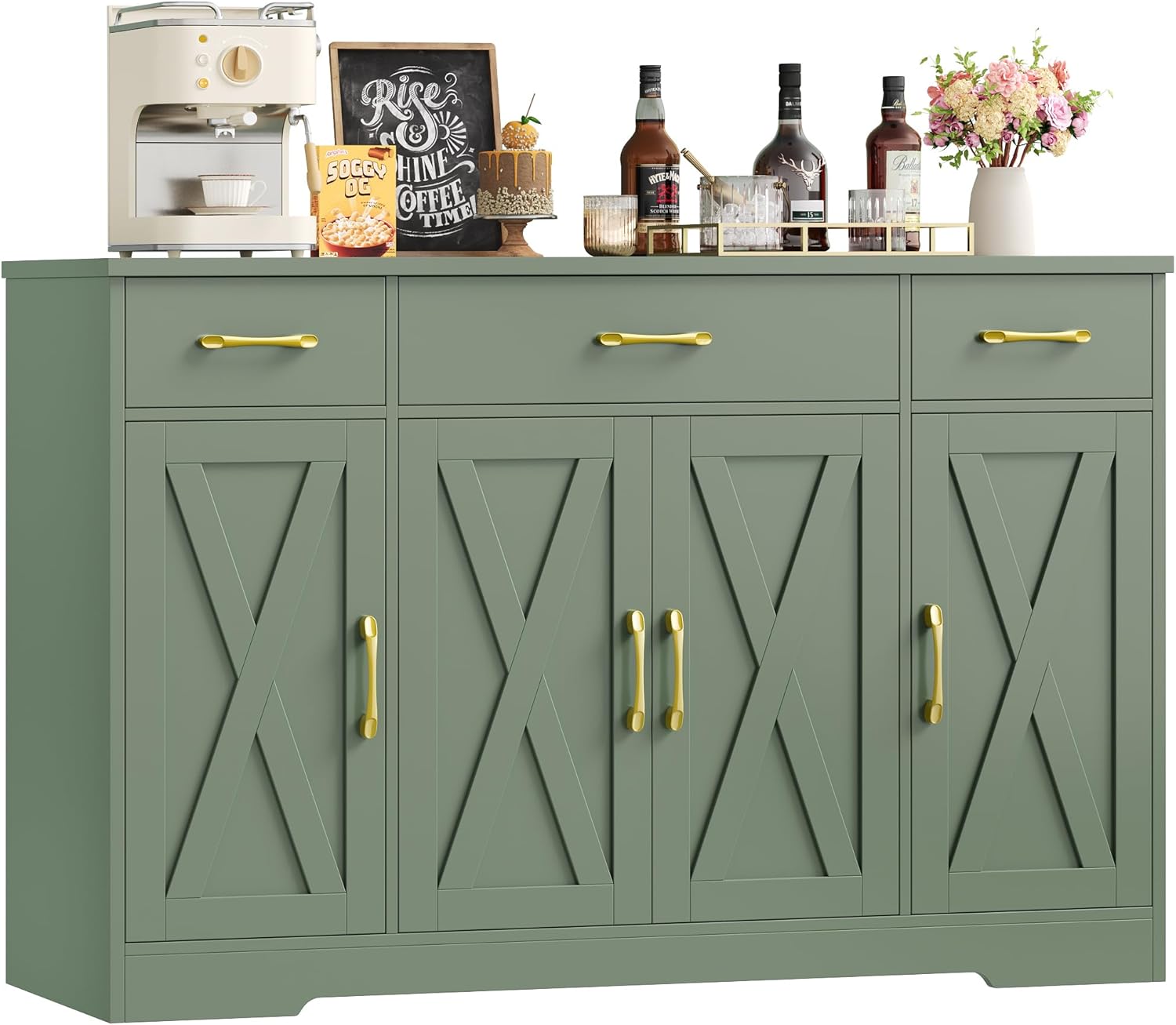 HOCSOK Sideboard, 140 cm Breit Küchenschrank mit 2 Verstellbaren Regalen, Buffetschrank mit 3 Schubladen 4 Türen, Küchenbuffet für Wohnzimmer, Küche, Flur, Grün