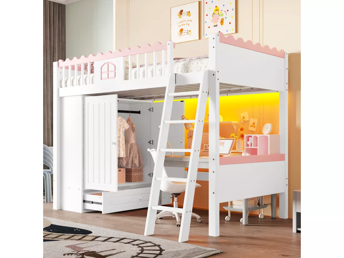 Lit mezzanine simple 90 x 200 cm - Lit enfant - Avec éclairage LED - Avec penderie - Avec tiroir de rangement - Blanc (sans matelas)