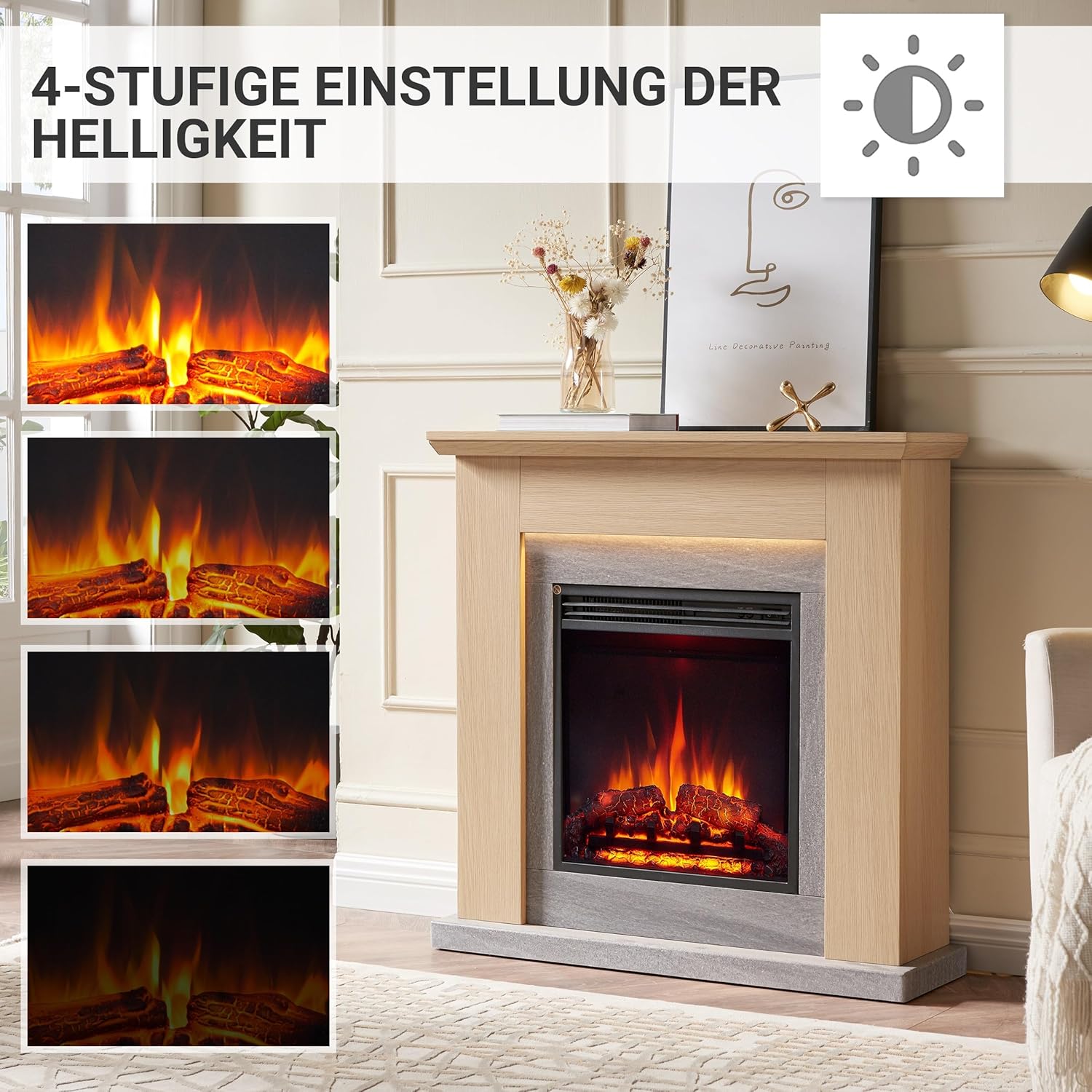 BALDERIA Pandora Elektrokamin - Elektrischer Standkamin mit Heizung 1000/2000 W, realistischer 3D-Flammeneffekt, LED-Beleuchtung, Fernbedienung programmierbar, Timer, Thermostat - Hellbraun
