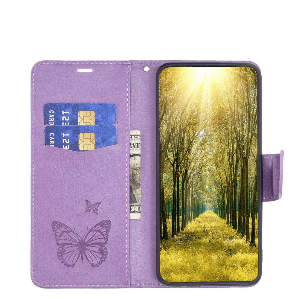 iPhone 14 Pro Leder Tasche mit Kartenfach   Handschlaufe Schmetterling - Lila