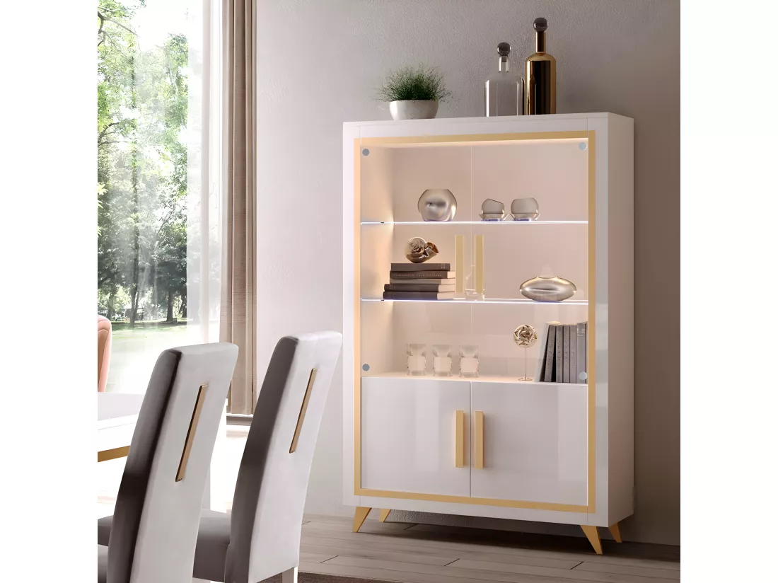 JEMMA - Vitrine 2 Portes Laquée Blanc et Décor Doré avec Leds