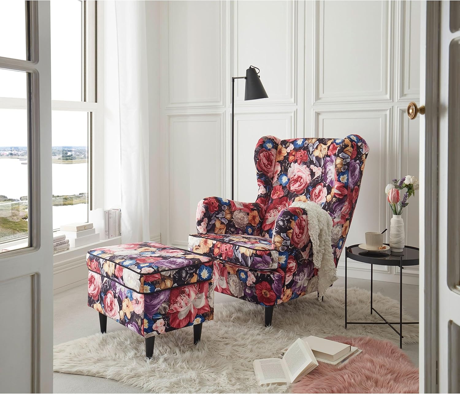 LAUREL Ohrensessel mit geknöpfter Polsterung und floralem Muster - Vintage Wohnzimmer Sessel mit Massivholz Füßen - 78 x 102 x 98 cm (B/H/T)