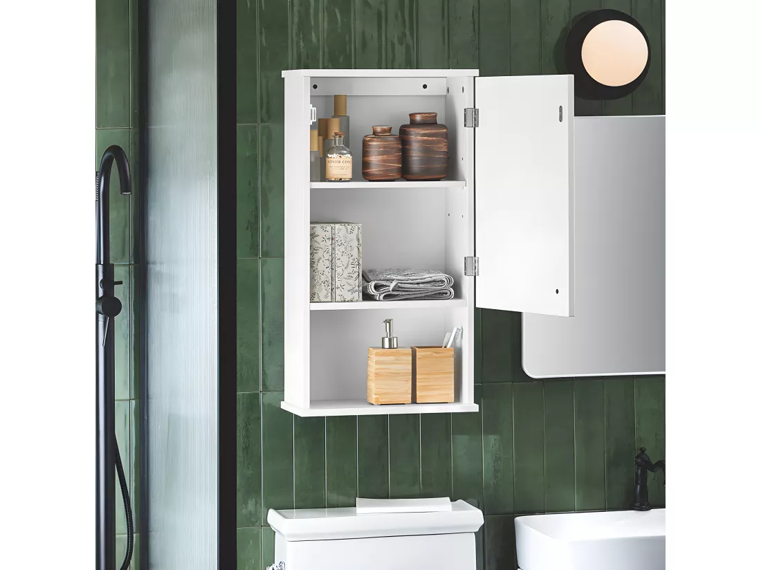 SoBuy BZR25-W Meuble Haut Armoire Suspendue de Toilettes Placard Mural avec Porte pour Salle de Bain Armoire à Pharmacie avec étagères