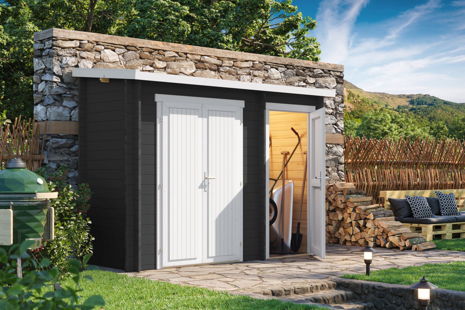 Blockbohlenhaus - carbongrau - Fichtenholz massiv - 300x105 cm