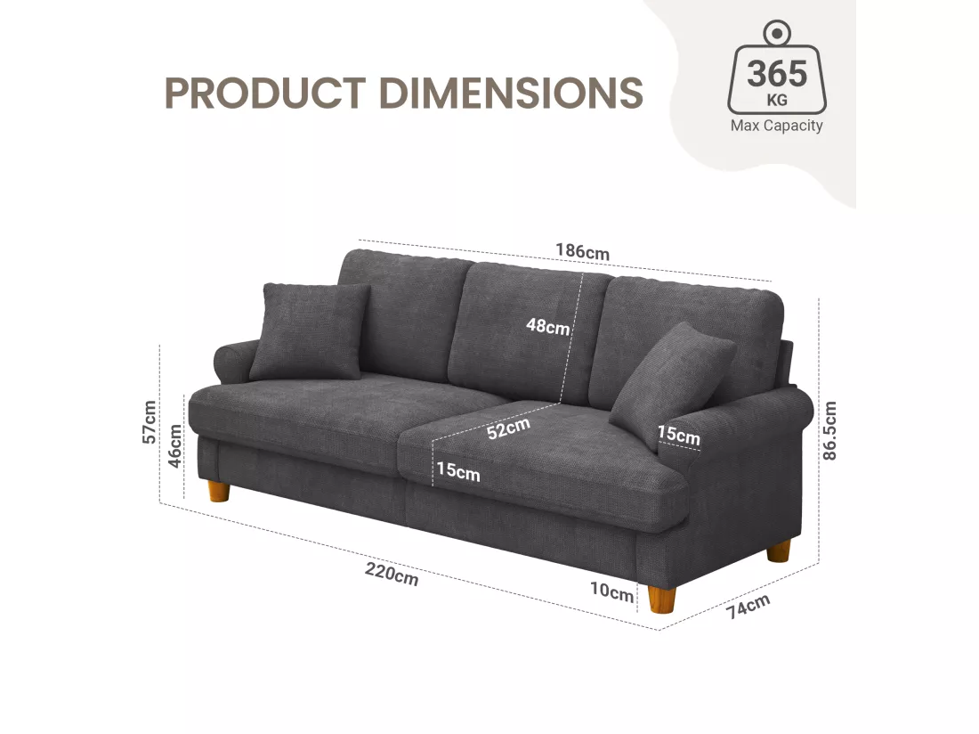 Canapé confort 3 places, Tissu en Chenille, avec accoudoirs,coussins et 2 oreillers, Charge max 365 kg - 220x76x86 cm