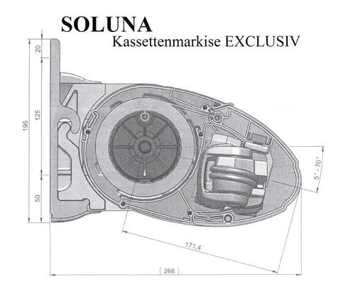 SOLUNA cassettescherm Exclusiv 2x1,5 doekdesign D035 frame RAL 7016 antracietgrijs aandrijving rechts incl. motor en wandschakelaar