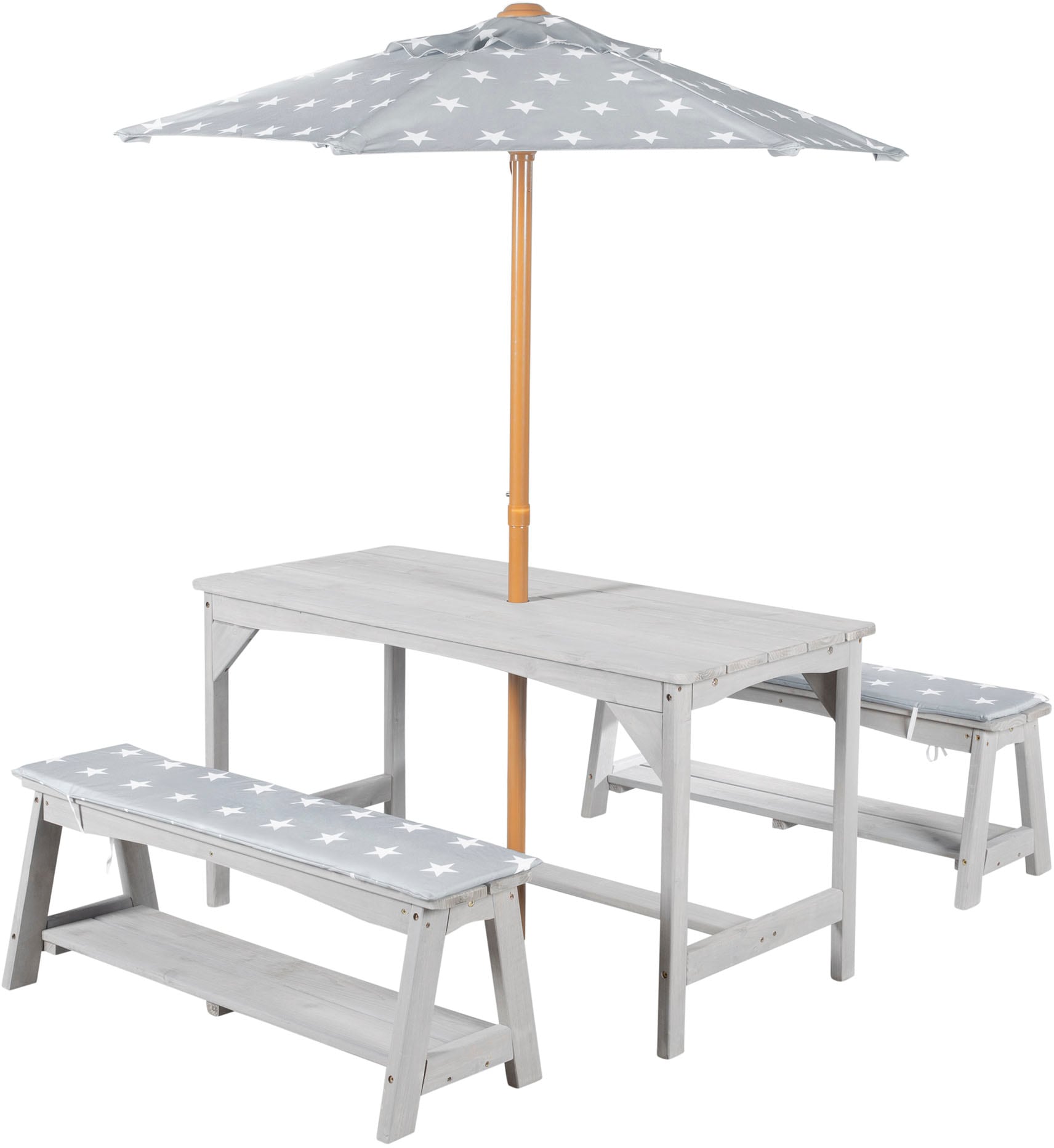 roba® Garten-Kindersitzgruppe »Outdoor+« Set, 3 Stk. tlg. Tisch und 2 Bänke mit Sitzauflage, Schirmset