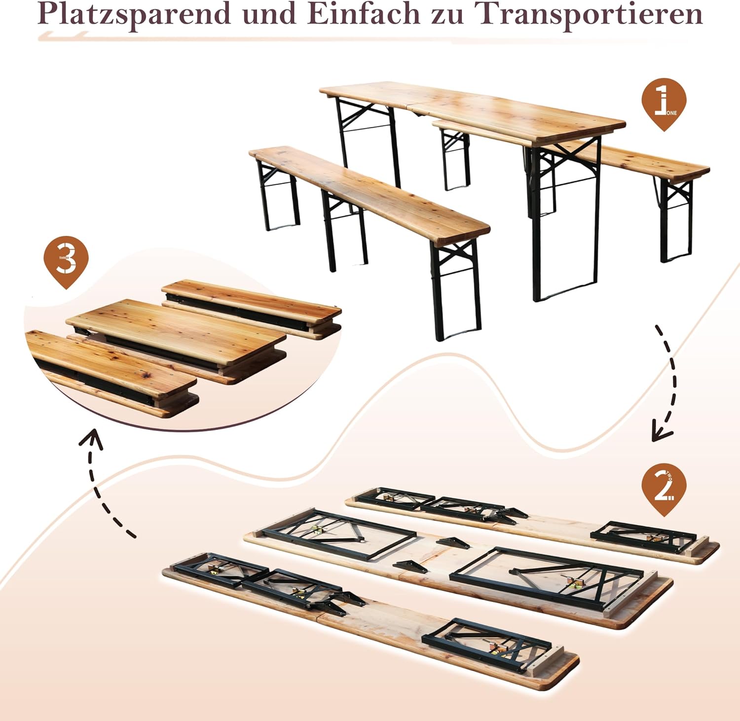 Faltbare Bierzeltgarnitur 220 cm, 3 teilig mit 1 Klapptisch & 2 Bierbänken, wetterfeste Massive Kiefer, verstärkter Metallrahmen, bis 200 kg belastbar, Festzeltgarnitur für Garten & Camping