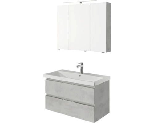 Pelipal Serie 4035 badkamermeubelset, BxHxD 90 x 200 x 43,5 cm, grijze fronten. 3-delige badkamermeubelset bestaande uit een witte keramische wastafel, badmeubel en spiegelkast met LED-verlichting.