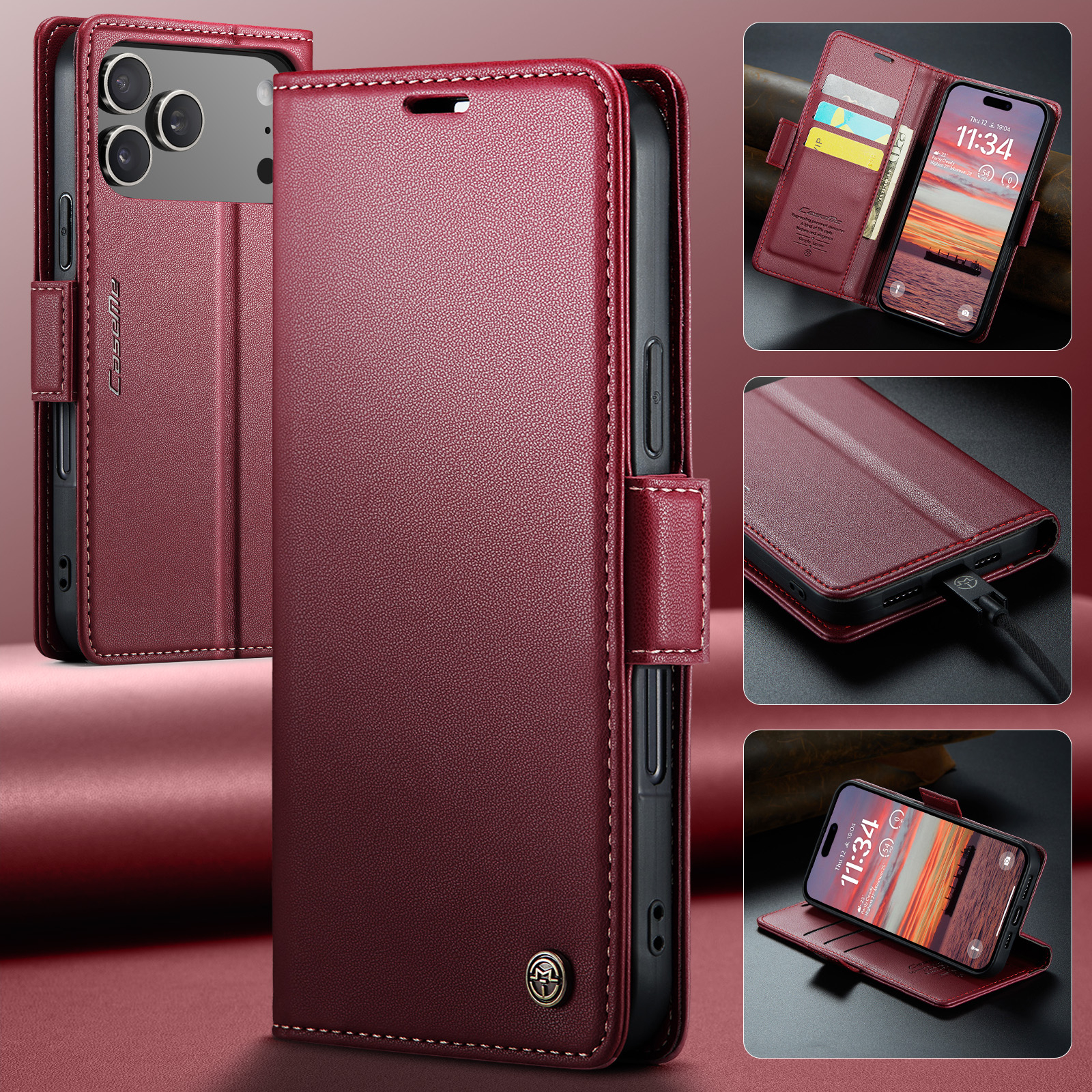 iPhone 17 Pro Leder Tasche Flip Wallet Etui mit Kartenfächern Litchi Look (RFID Schutz) - Rot