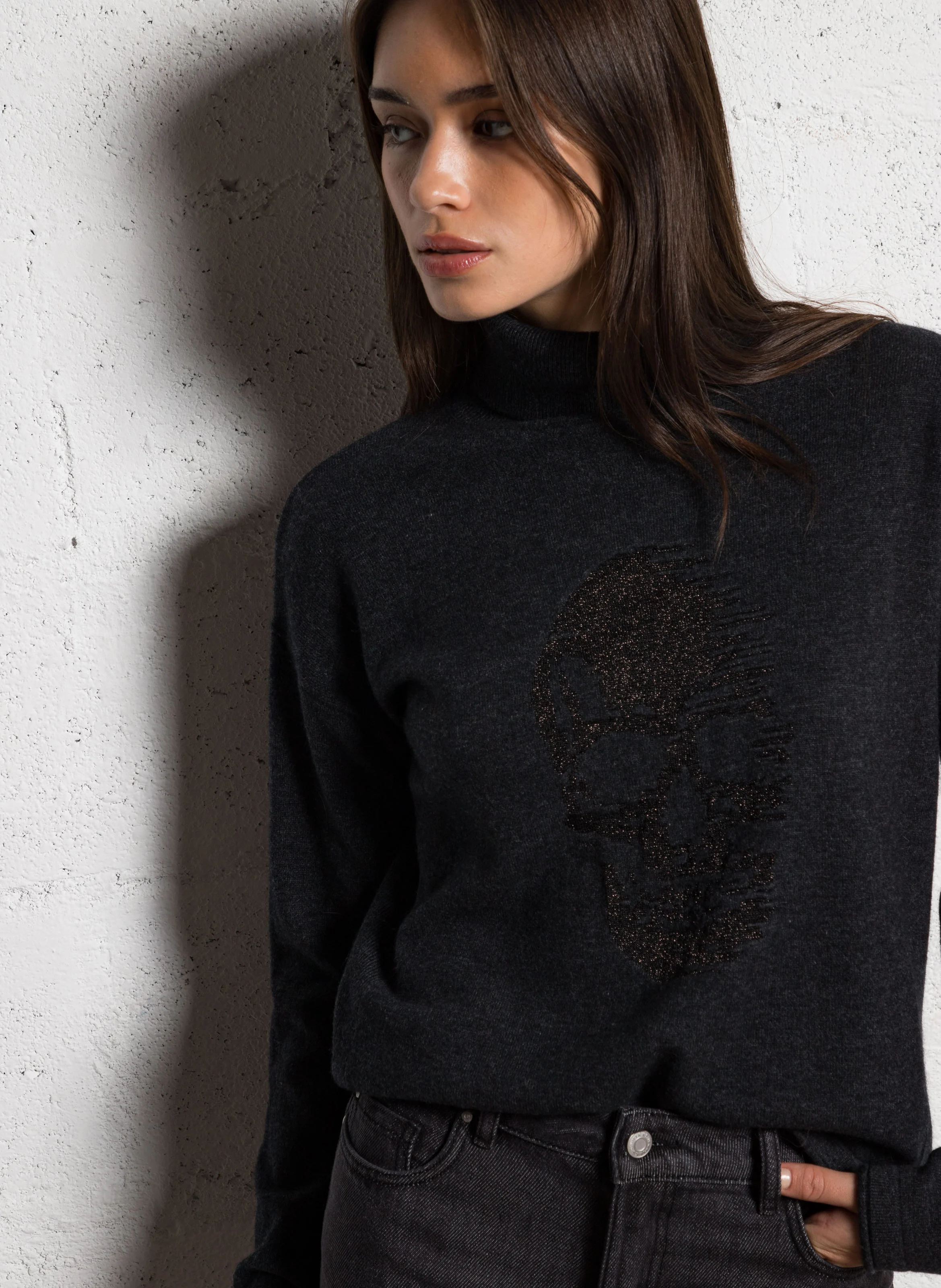 Pull col roulé brodé | Gris
