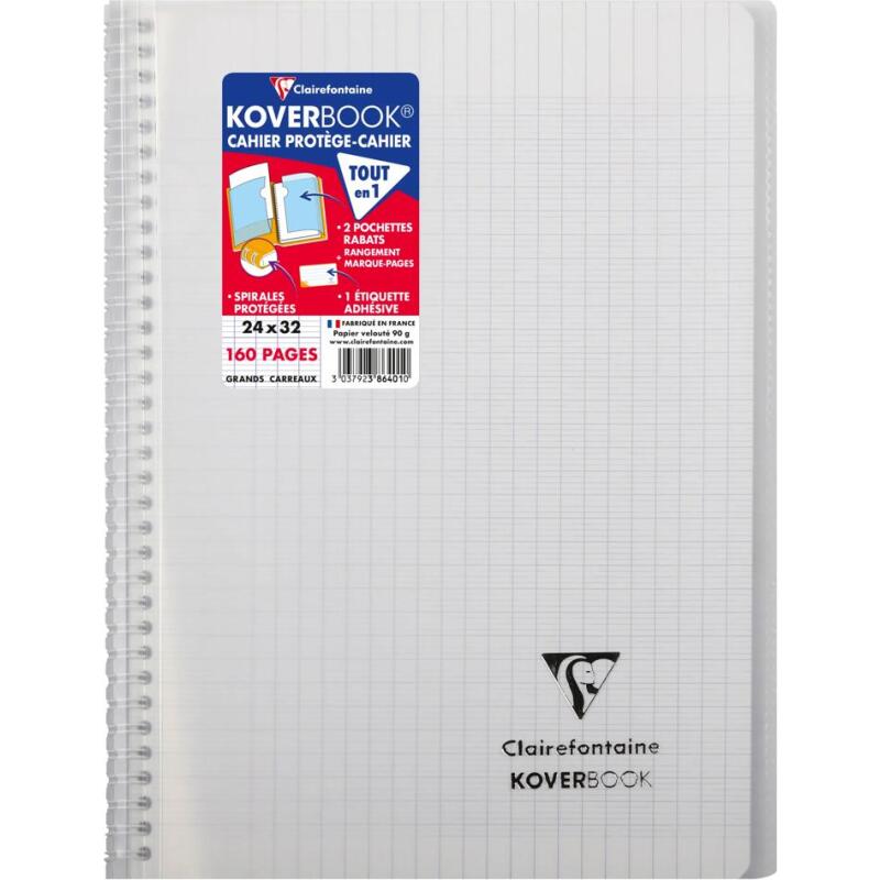 Cahier reliure intégrale enveloppante Koverbook 24x32cm 160 pages grands carreaux couverture polypropylène transparent - Assortis