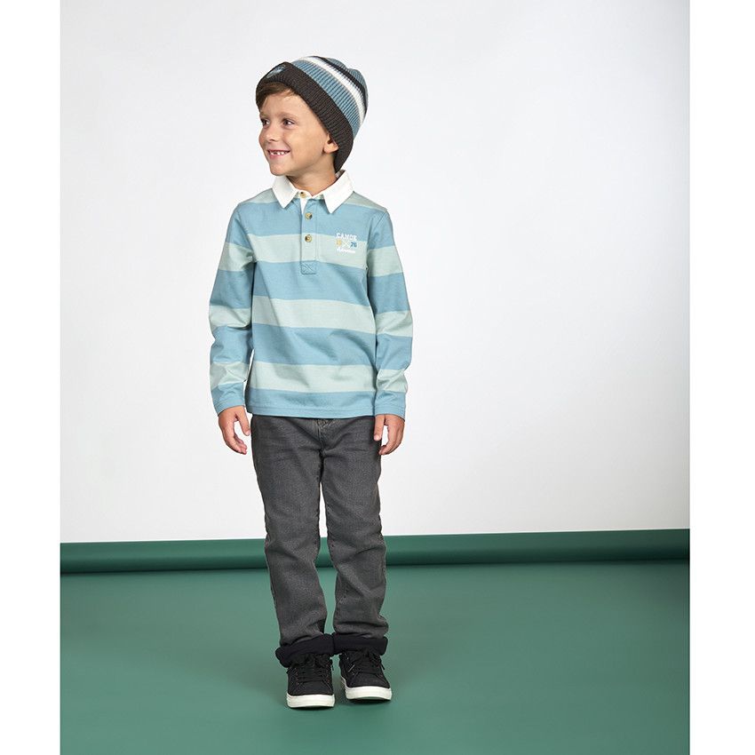 Polo manches longues à rayures larges avec broderie et print pour garçon - Kaki