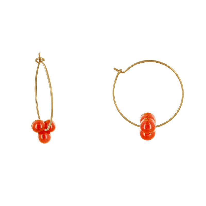 Boucles d'Oreilles Créoles Laiton Fermée et Bouquet de Perles de Verre