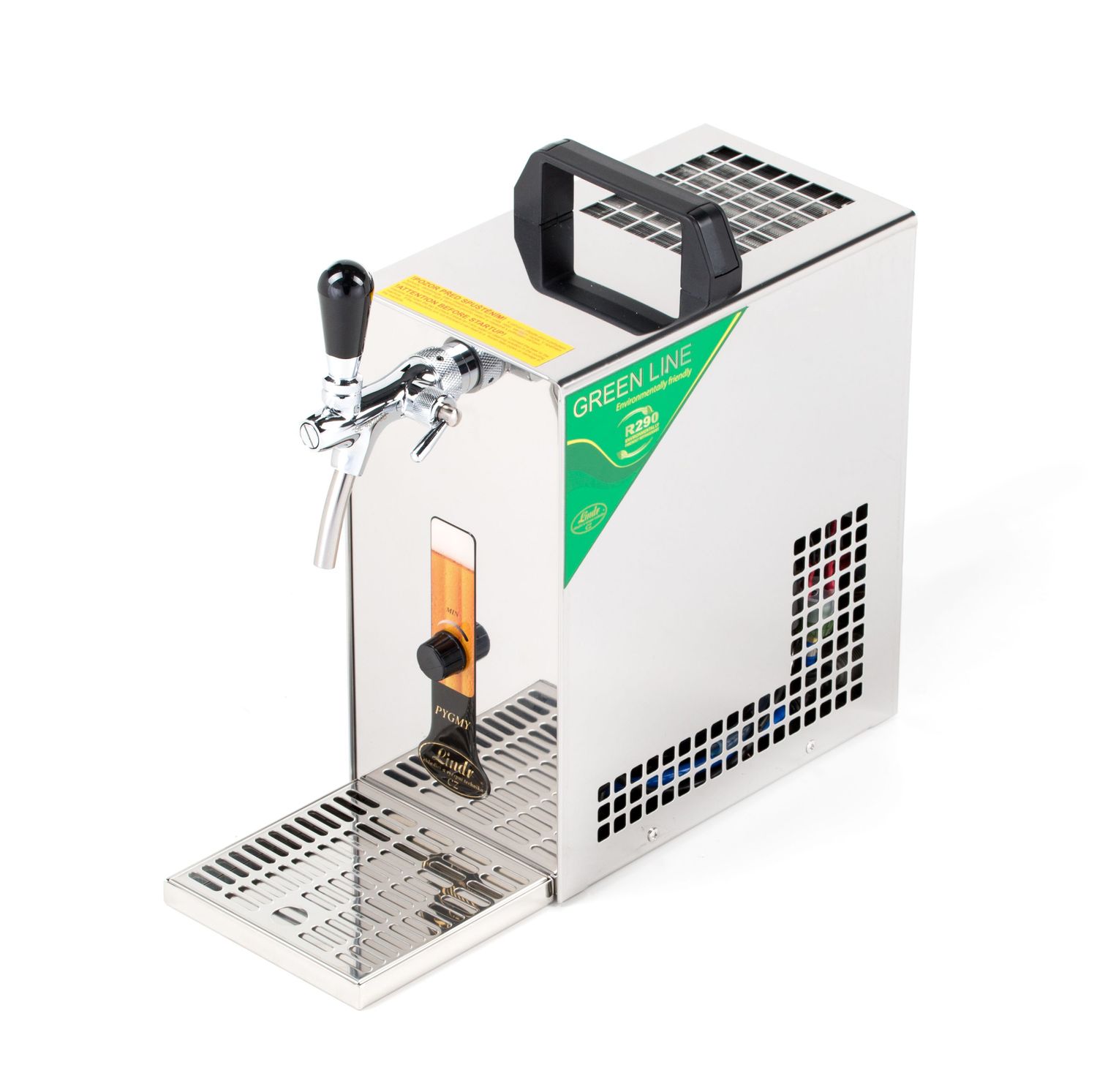 Komplett Set - Zapfanlage, Bierzapfanlage PYGMY 25/K mit Membranpumpe, 1-leitig Trockenkühlgerät aus Edelstahl, 35 Liter/h, Green Line, Korb