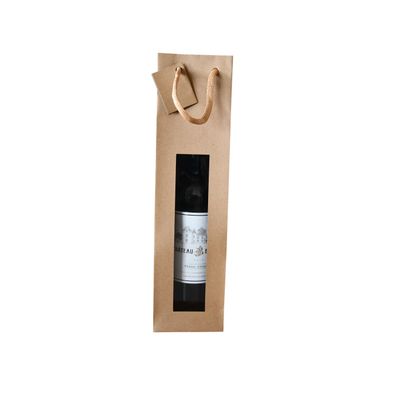 Logistipack - Sac cadeau à fenêtre pour 1 bouteille - poignées cordelières - 10 cm x 9 cm x 38 cm