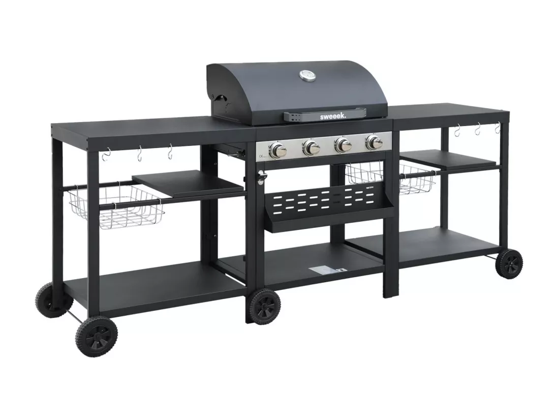 Barbecue 4 brûleurs. cuisine d'extérieure DANGLARS. Acier noir. L 223.5 x P 60.5 x H 142 cm