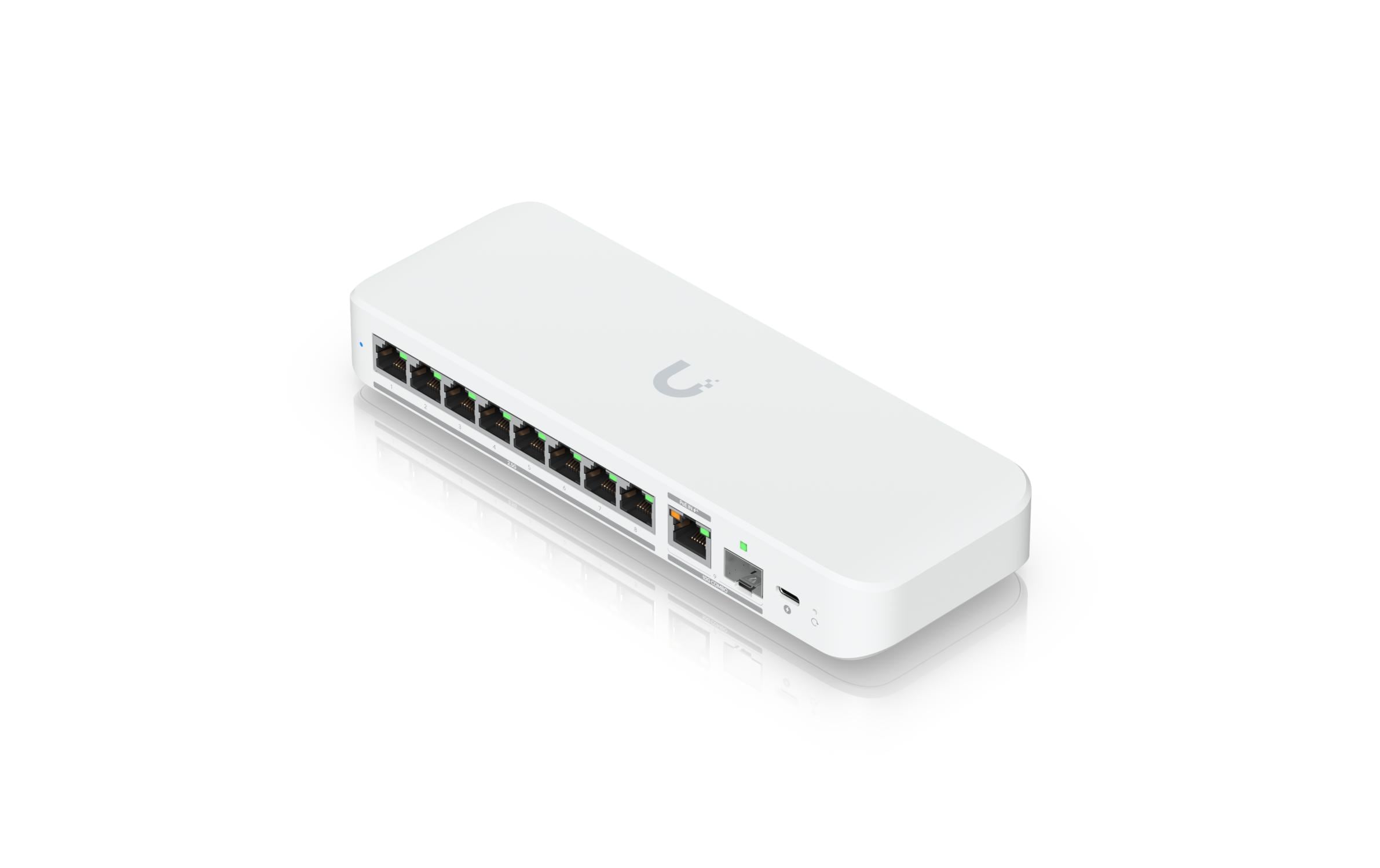 Switch UniFi Flex 2.5G 9 Port<br>Kompakter 8-Port 2.5-GbE-Switch mit 10-GbE-RJ45/SFP+-Uplink und flexibler Stromversorgung über USB-C oder PoE+