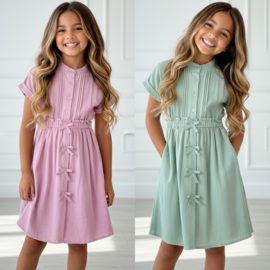 Sweet Bow Button Dress - roze en groen (verzenddatum 27 feb)