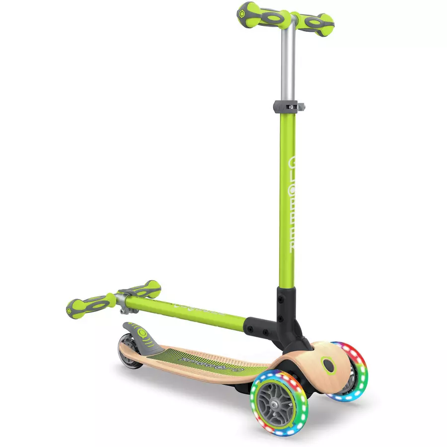 GLOBBER Scooter PRIMO FOLDABLE WOOD LIGHTS lime grün - mit Leuchtrollen und Holzdeck