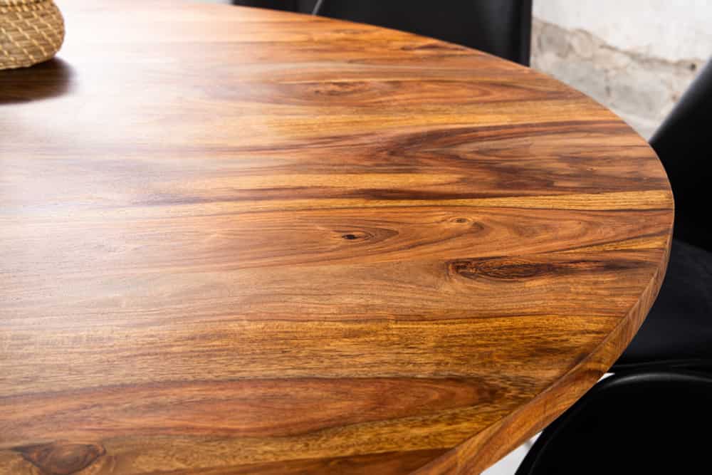 Runder Esstisch TRES CHIC 120cm braun Sheeshamholz stone finish massiv mit Säulenfuß